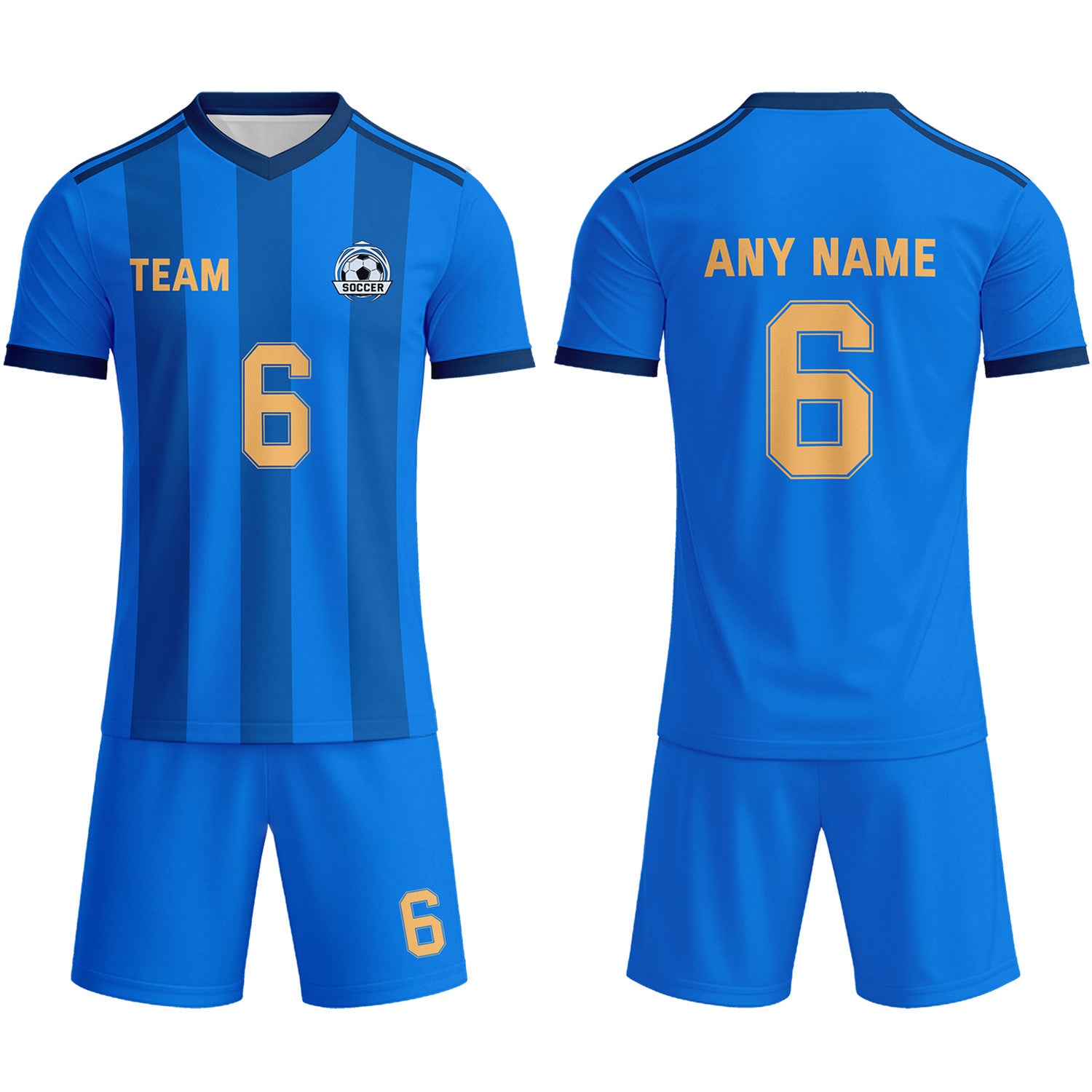 Custom Bright Blue & Gold Striped Soccer Uniform Set for Teams & Individuals | Vosoli