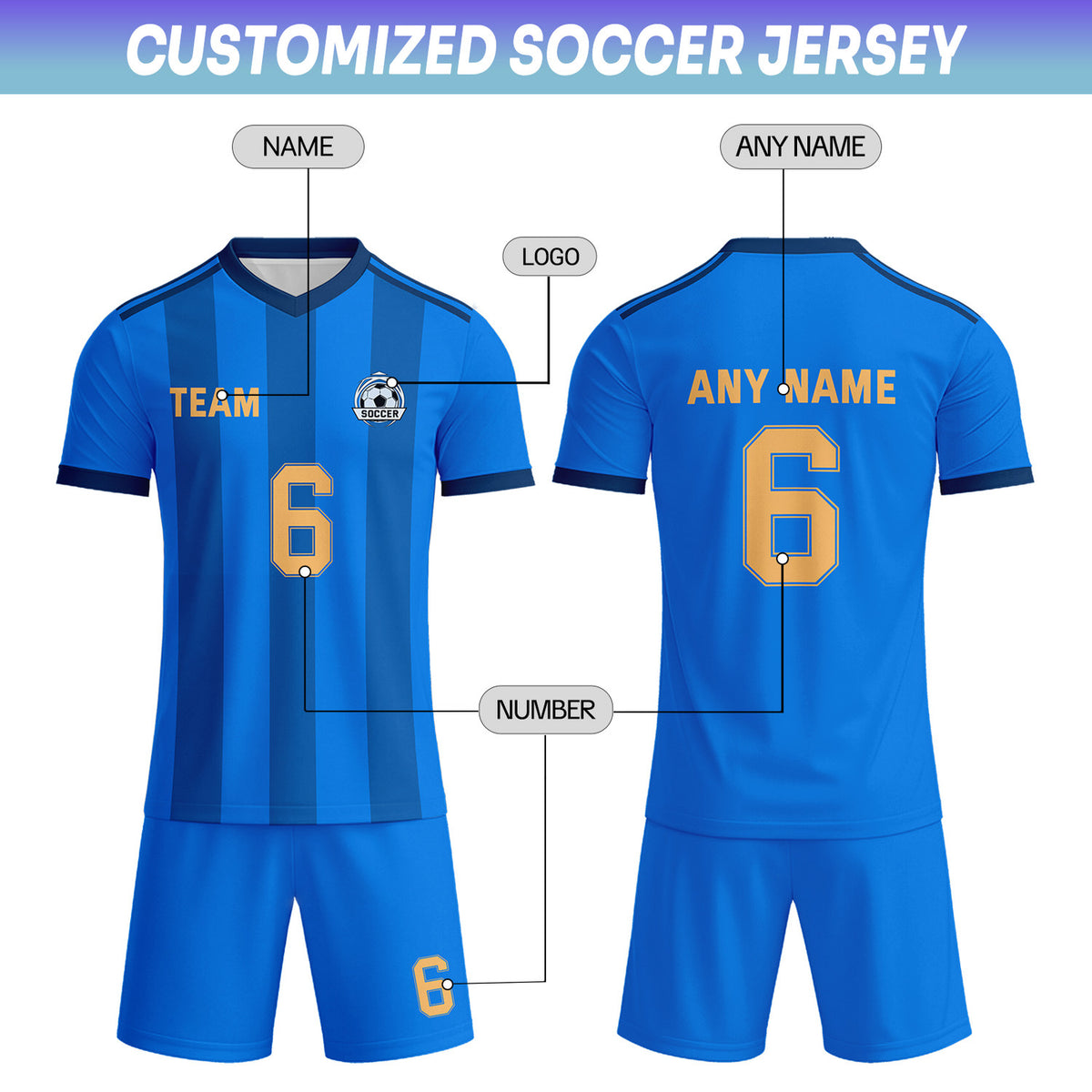 Custom Bright Blue & Gold Striped Soccer Uniform Set for Teams & Individuals | Vosoli