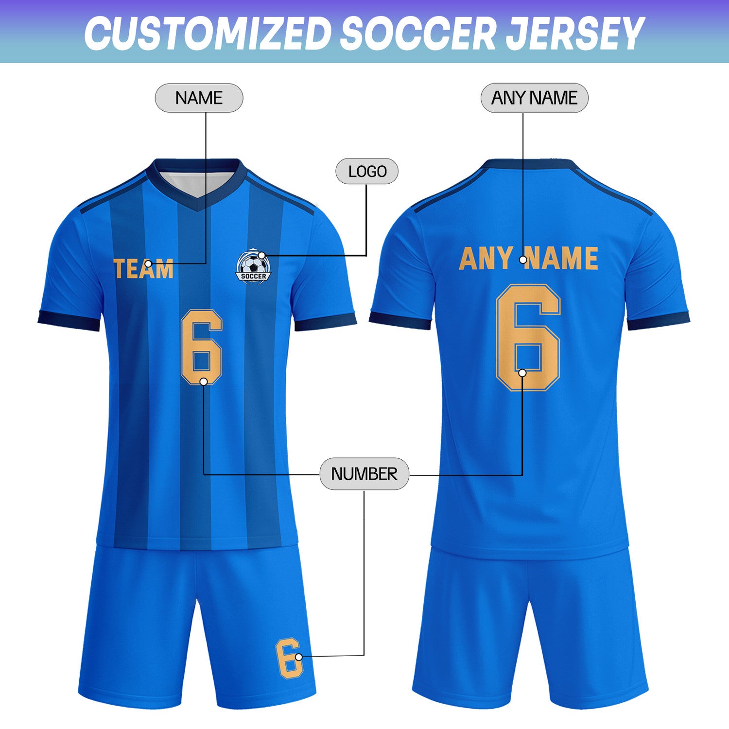 Custom Bright Blue & Gold Striped Soccer Uniform Set for Teams & Individuals | Vosoli