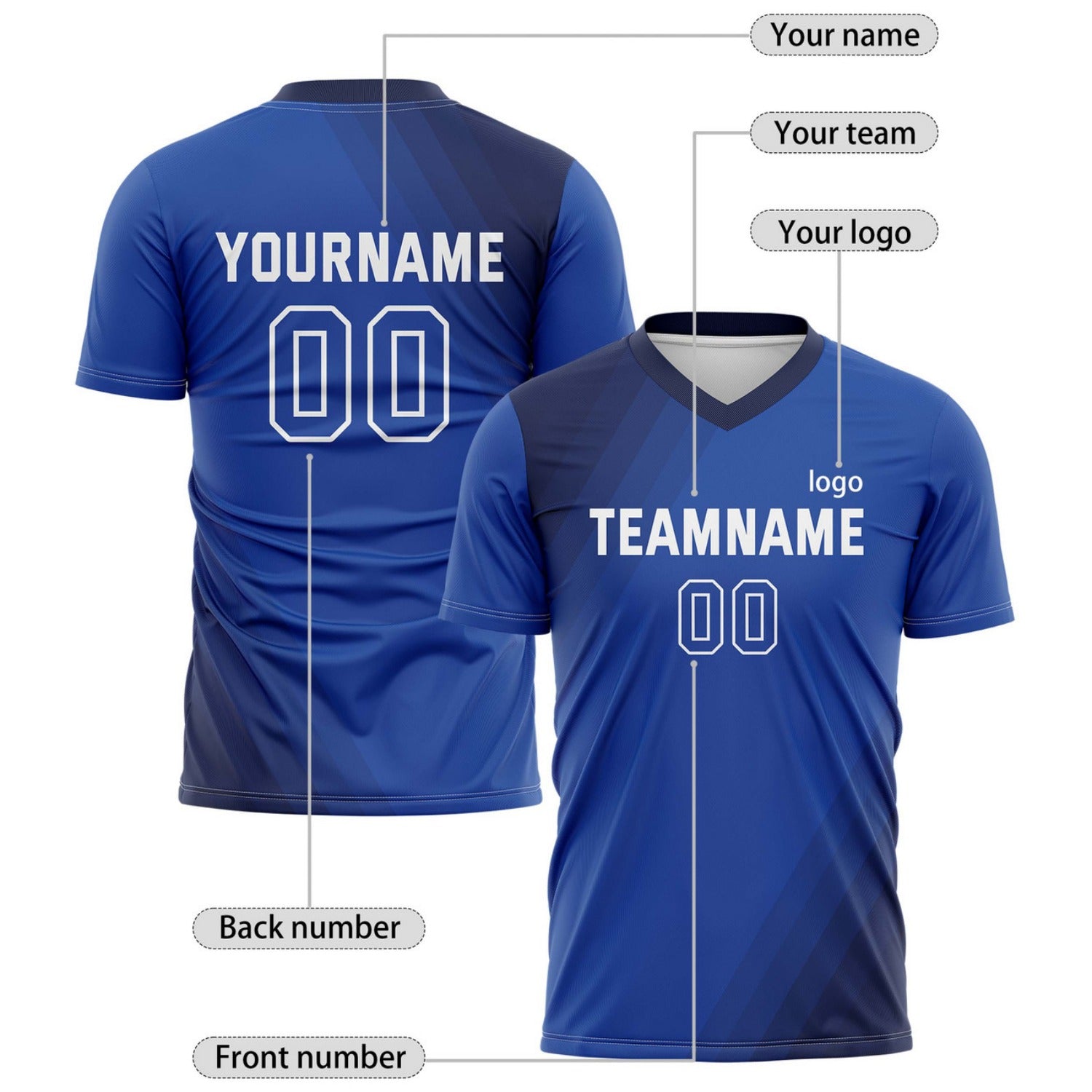 Custom Bright Blue & Navy Diagonal Stripe Soccer Jersey for Teams & Individuals | Vosoli