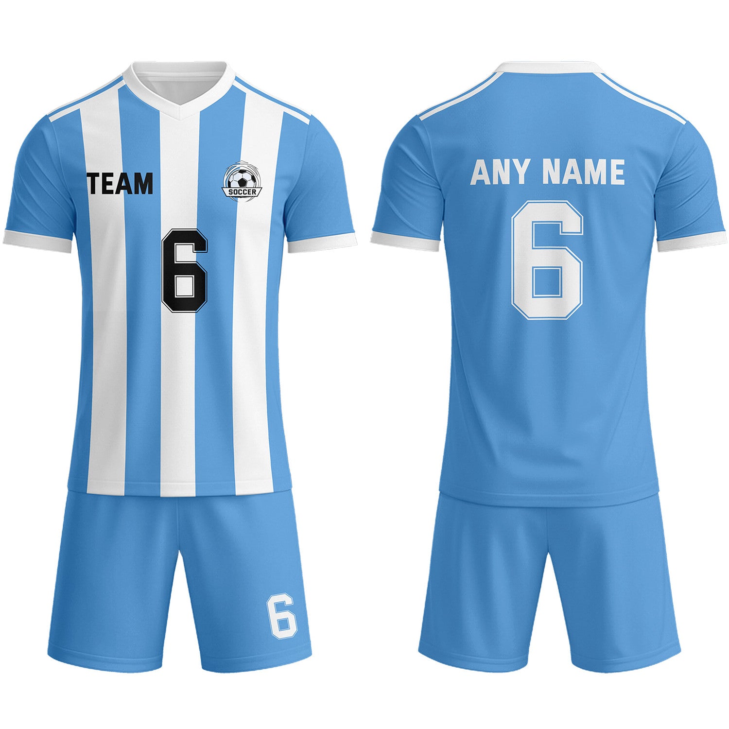 Custom Bright Blue & White-Black Striped Soccer Uniform Set for Teams & Individuals | Vosoli