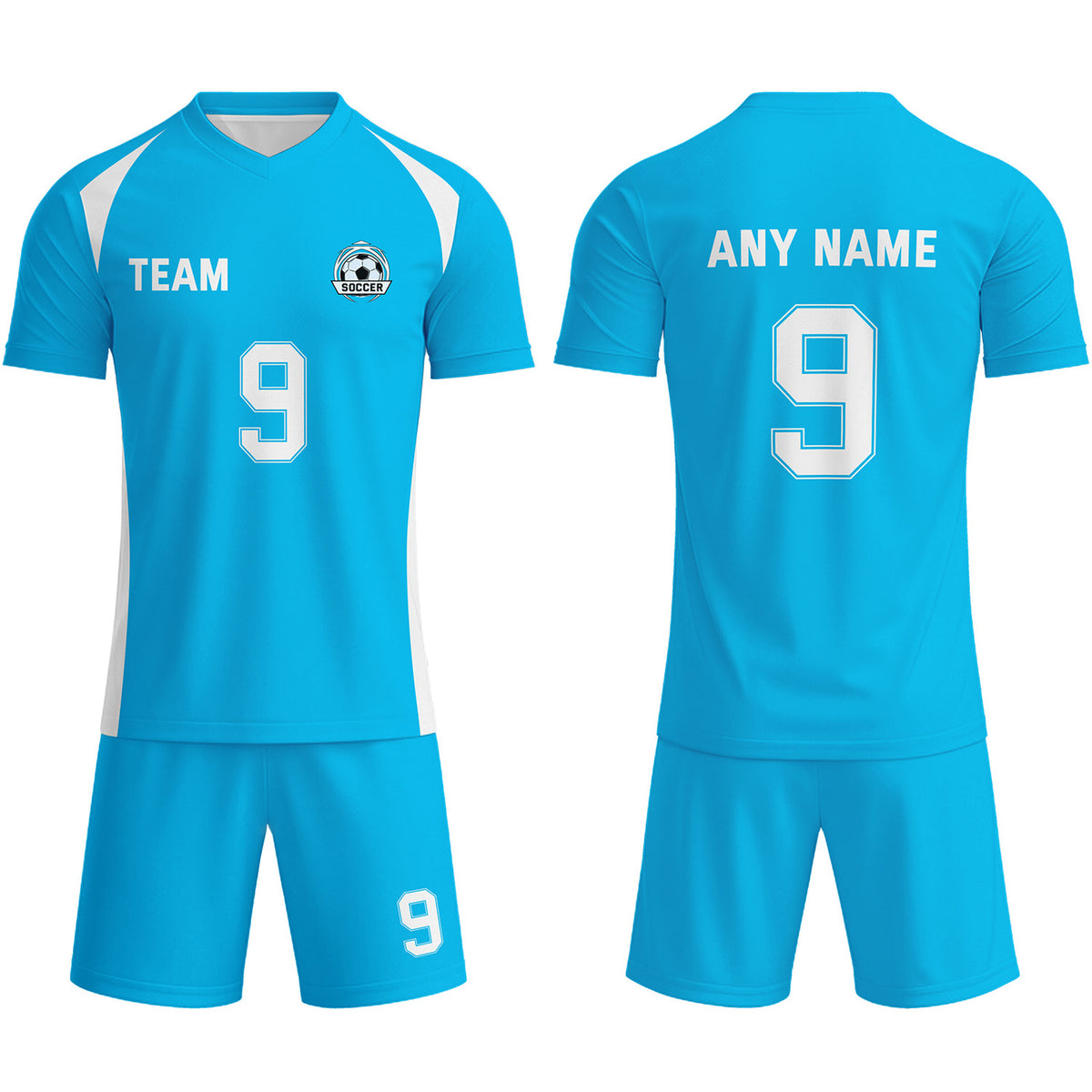 Custom Bright Blue &amp; White Soccer Uniform Set - Personalized Team Name &amp; Number | Vosoli