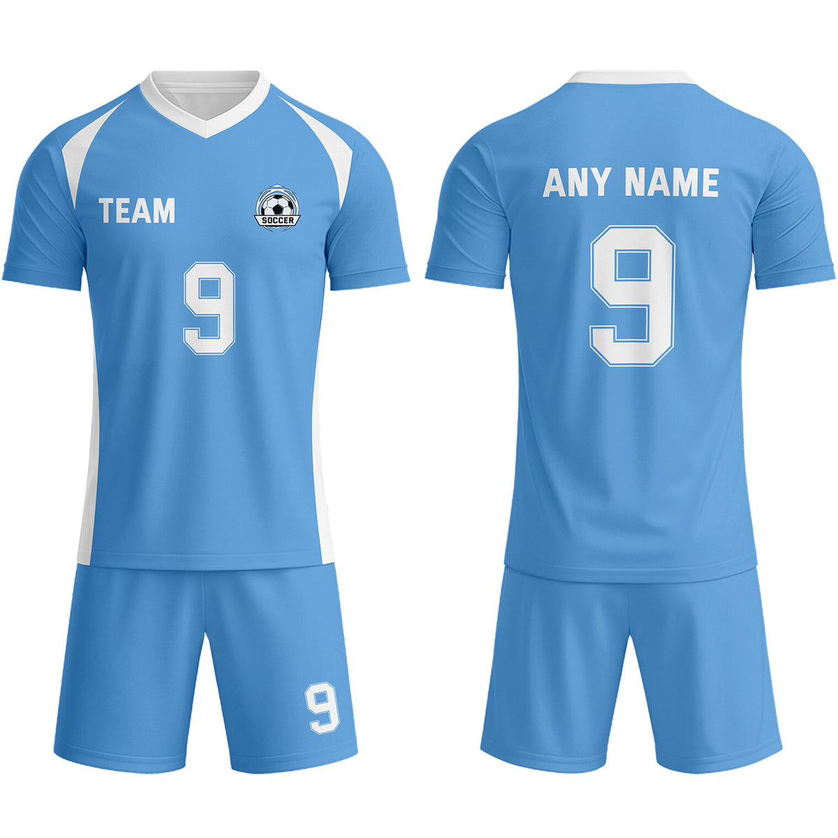 Custom Bright Blue &amp; White Soccer Uniform Set - Personalized Team Name &amp; Number | Vosoli