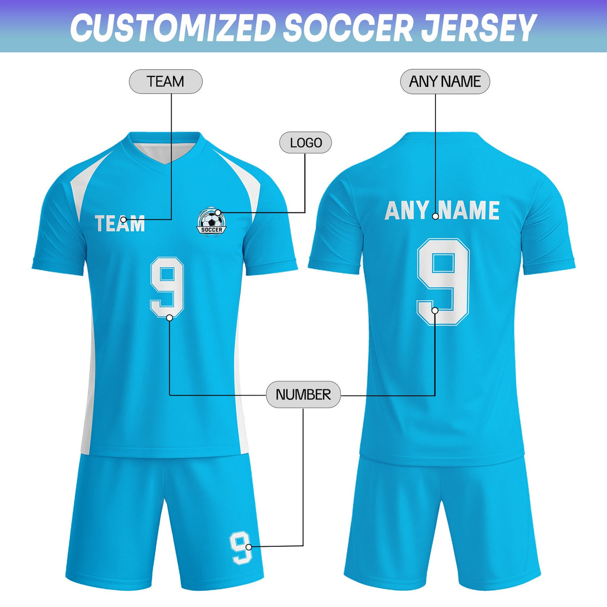 Custom Bright Blue & White Soccer Uniform Set - Personalized Team Name & Number | Vosoli
