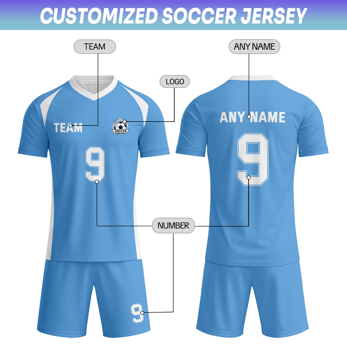 Custom Bright Blue & White Soccer Uniform Set - Personalized Team Name & Number | Vosoli