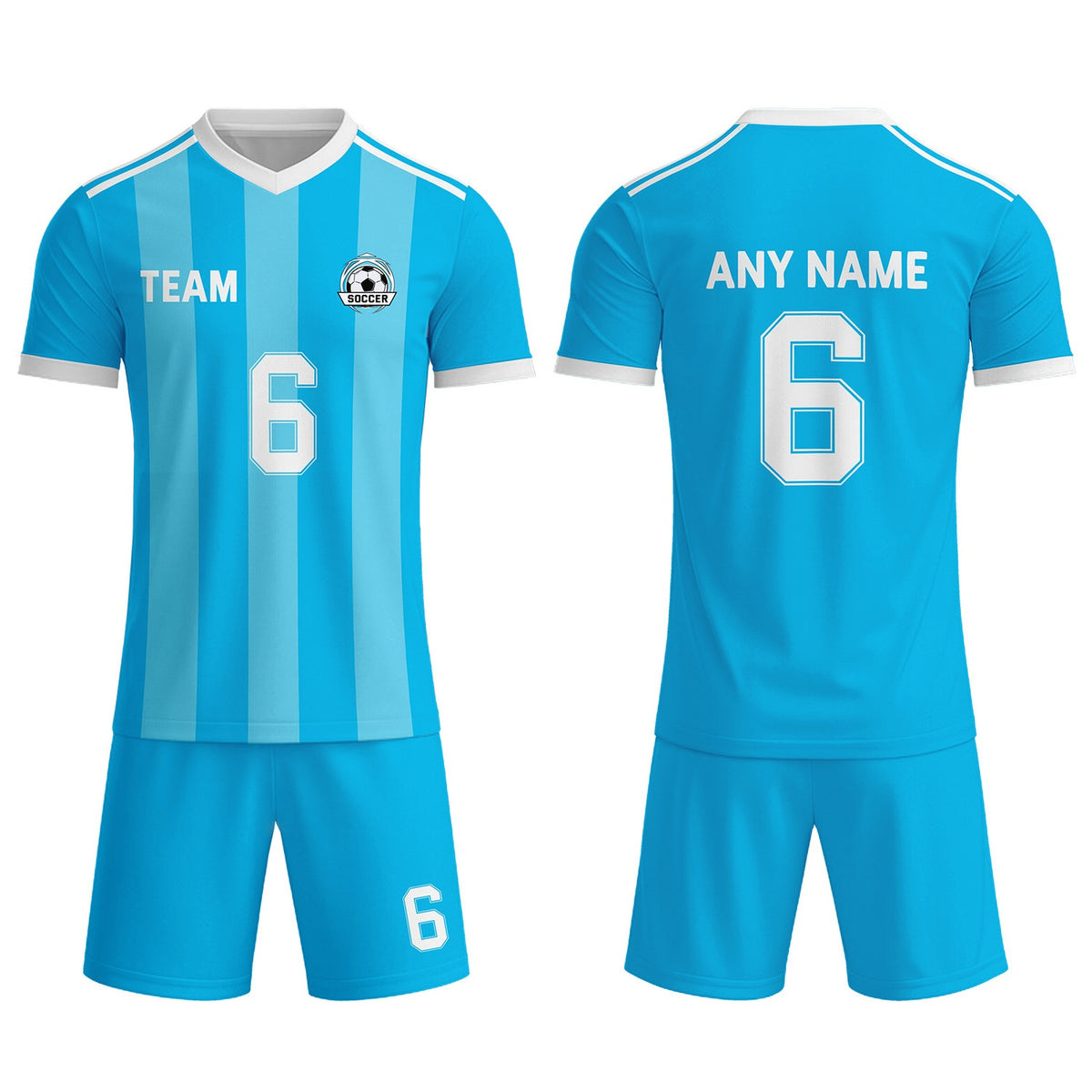Custom Bright Blue &amp; White Striped Soccer Uniform Set for Teams &amp; Individuals | Vosoli