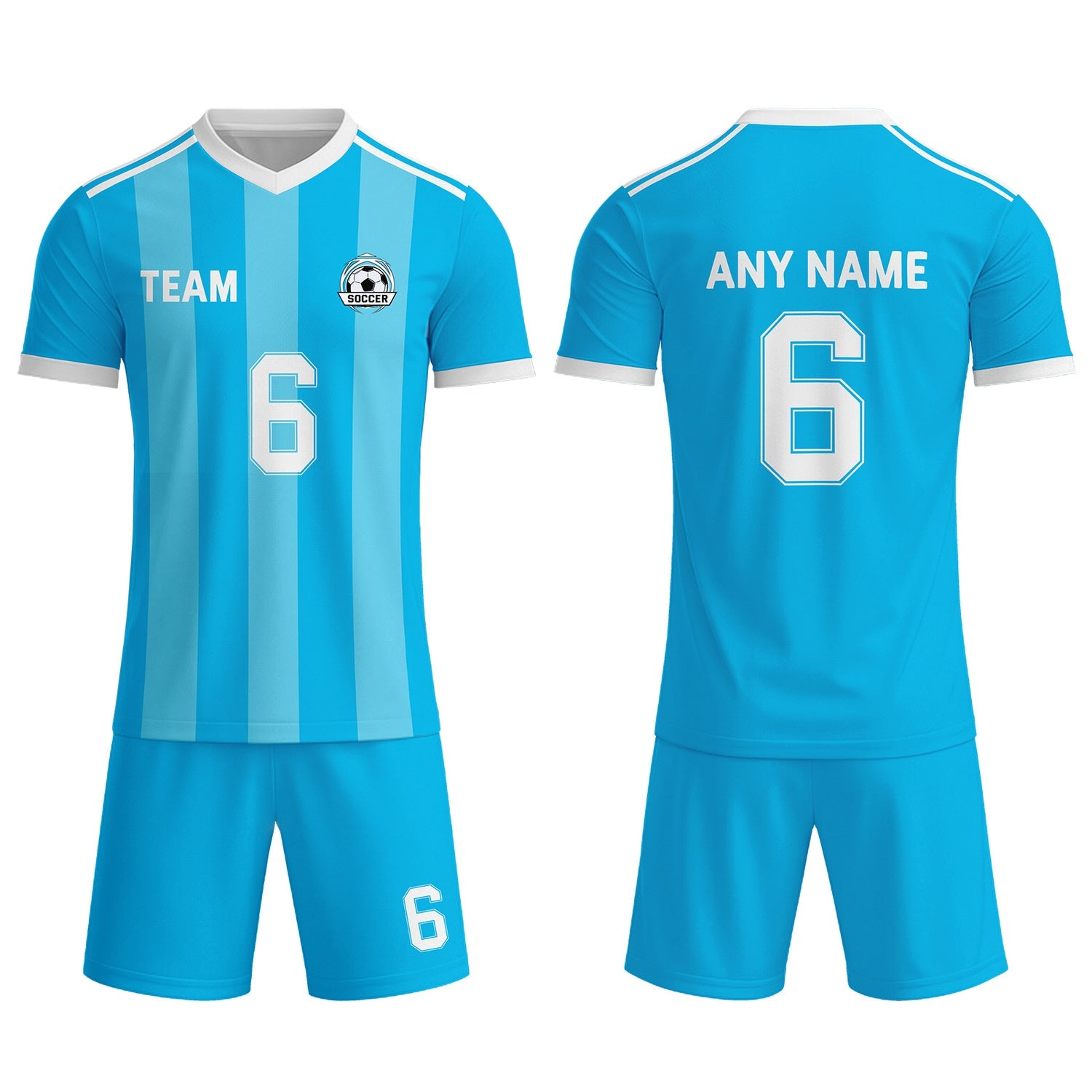 Custom Bright Blue & White Striped Soccer Uniform Set for Teams & Individuals | Vosoli