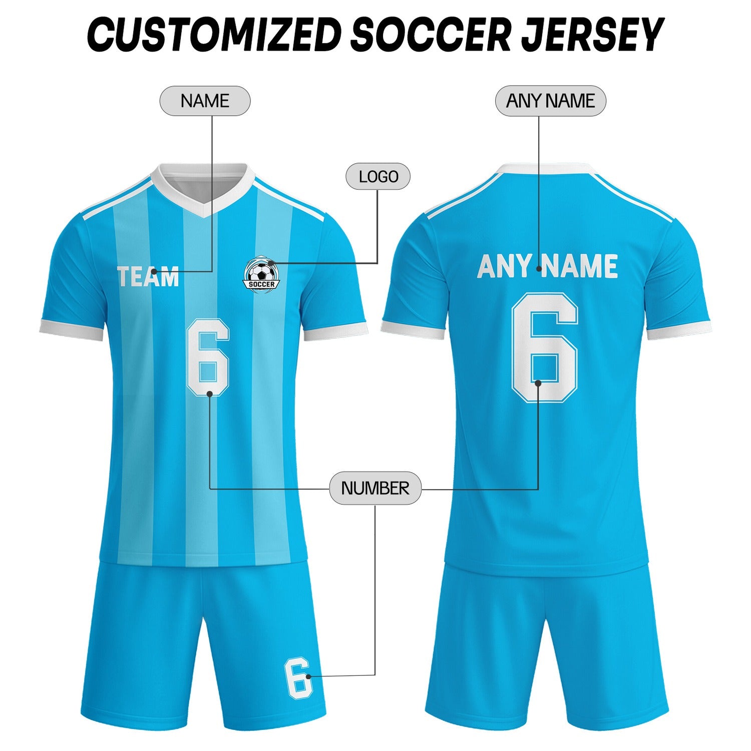 Custom Bright Blue & White Striped Soccer Uniform Set for Teams & Individuals | Vosoli