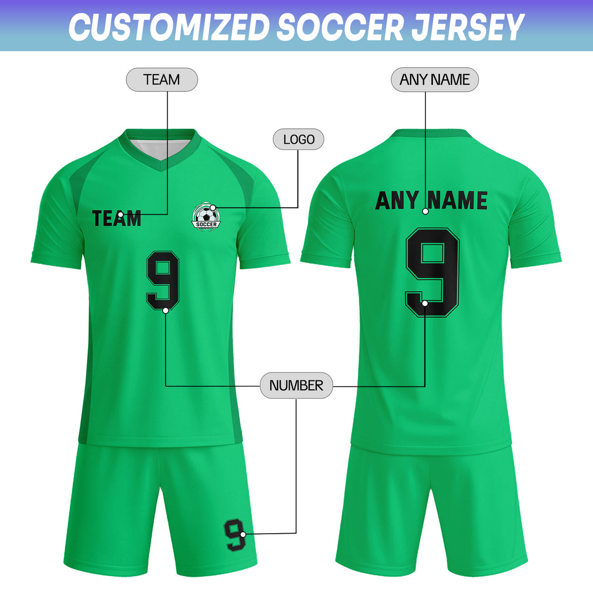 Custom Bright Green & Black Soccer Uniform Set - Personalized Team Name & Number | Vosoli