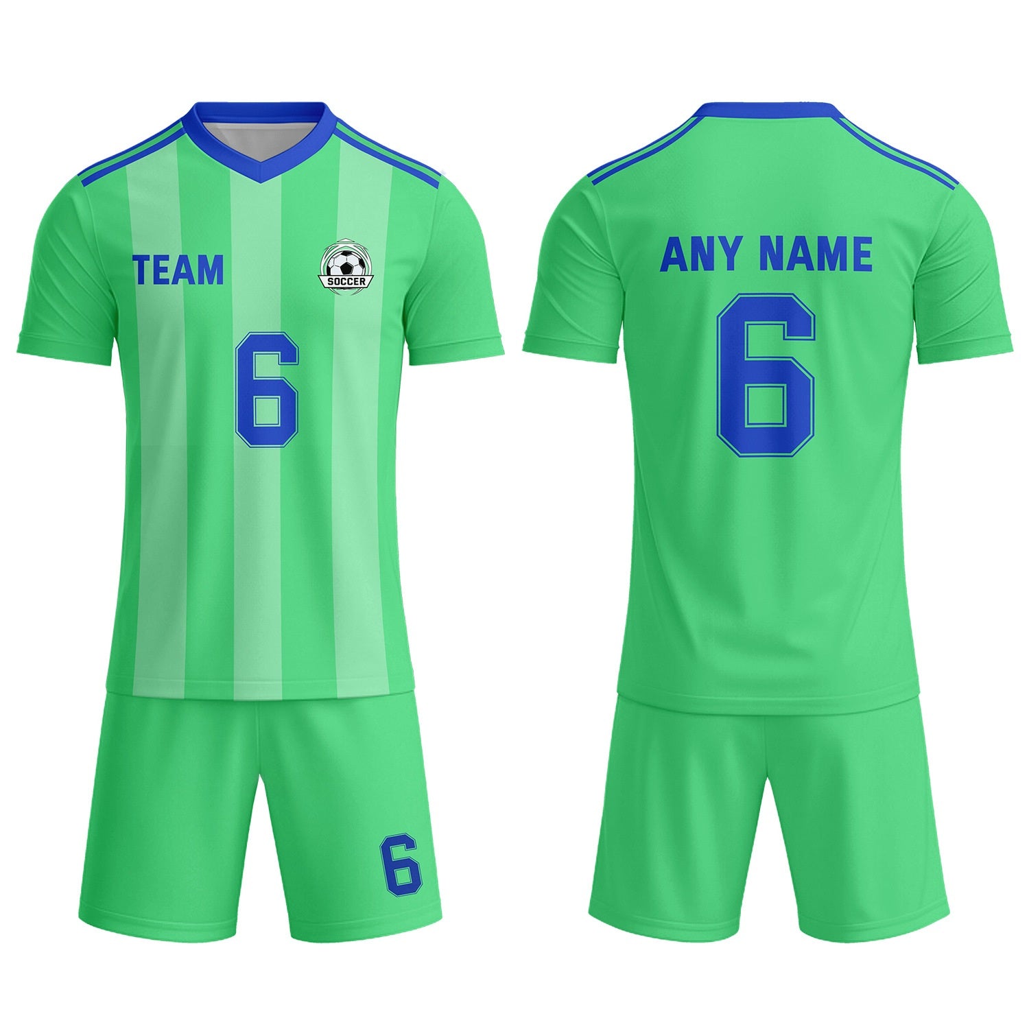 Custom Bright Green & Blue Striped Soccer Uniform Set for Teams & Individuals | Vosoli