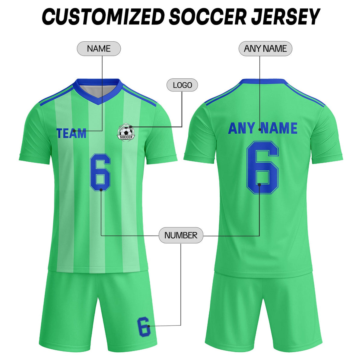 Custom Bright Green & Blue Striped Soccer Uniform Set for Teams & Individuals | Vosoli