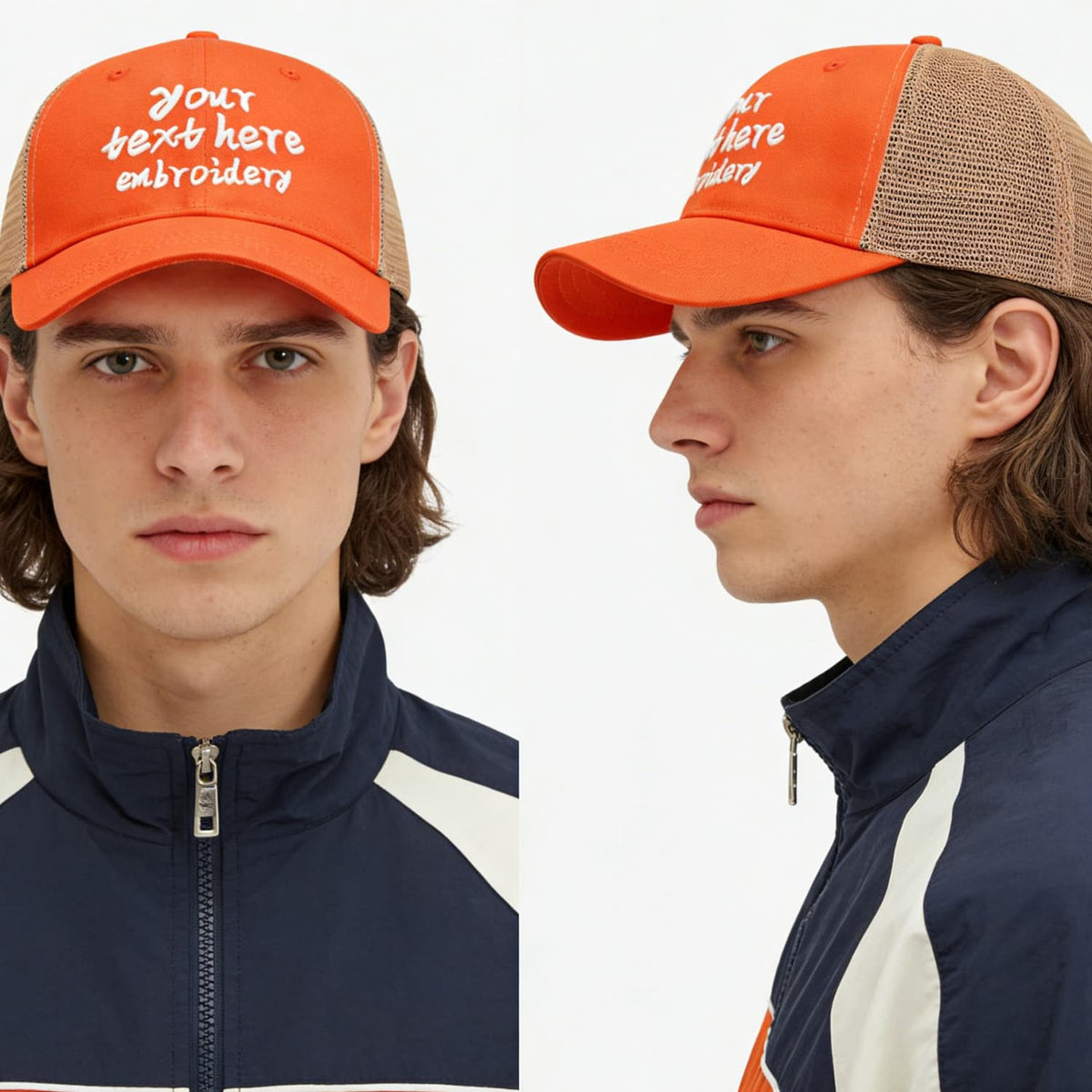 Vosoli Bright Orange & Beige Mesh-Back Trucker Cap - Unisex Personal & Team Custom 3D Embroidery or Print Hats