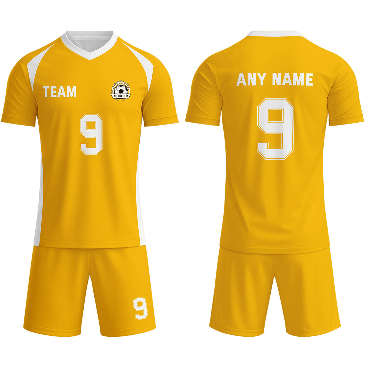 Custom Bright Yellow &amp; White Soccer Uniform Set - Personalized Team Name &amp; Number | Vosoli