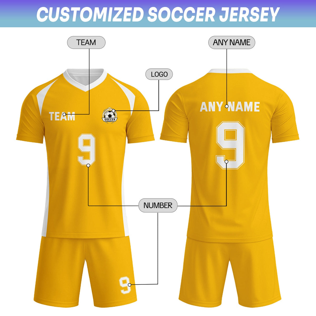 Custom Bright Yellow & White Soccer Uniform Set - Personalized Team Name & Number | Vosoli