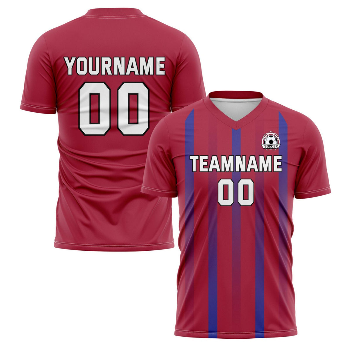 Custom Burgundy &amp; Blue Stripe Soccer Jersey - Personalized Team Name &amp; Player Number for Matches | Vosoli
