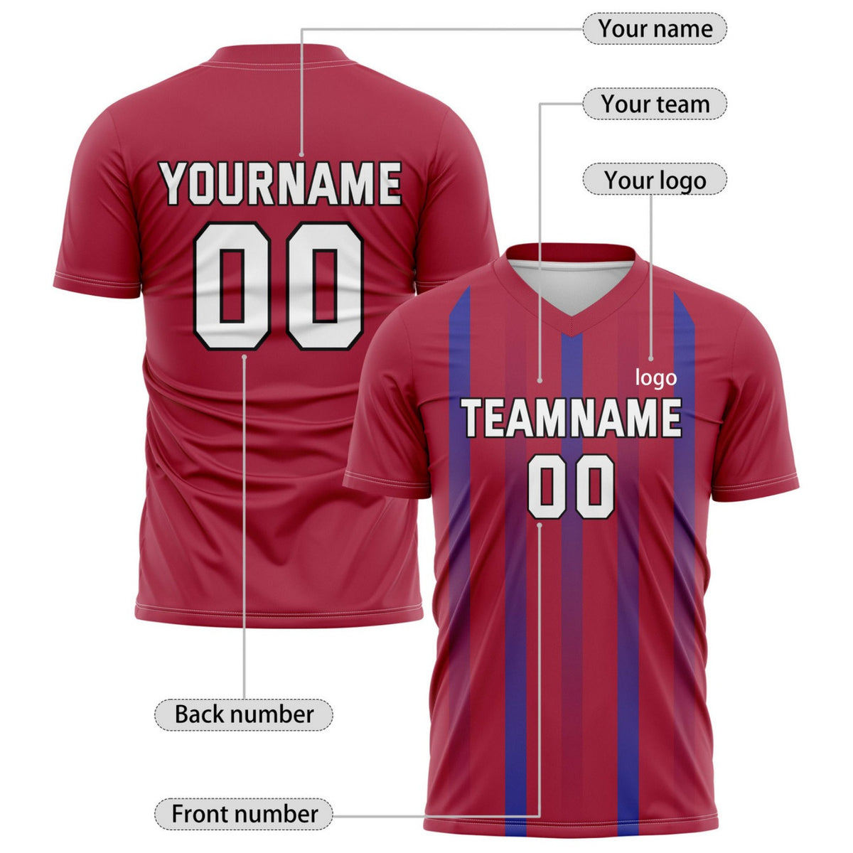 Custom Burgundy & Blue Stripe Soccer Jersey - Personalized Team Name & Player Number for Matches | Vosoli