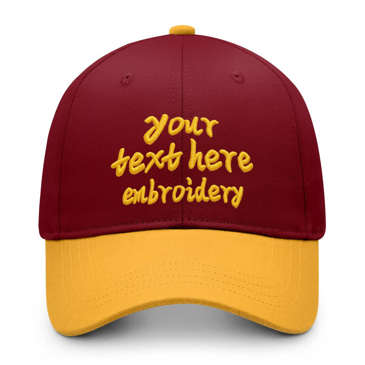 Vosoli Burgundy Gold Two-Tone Baseball Cap - Unisex Custom 3D Embroidery or Print