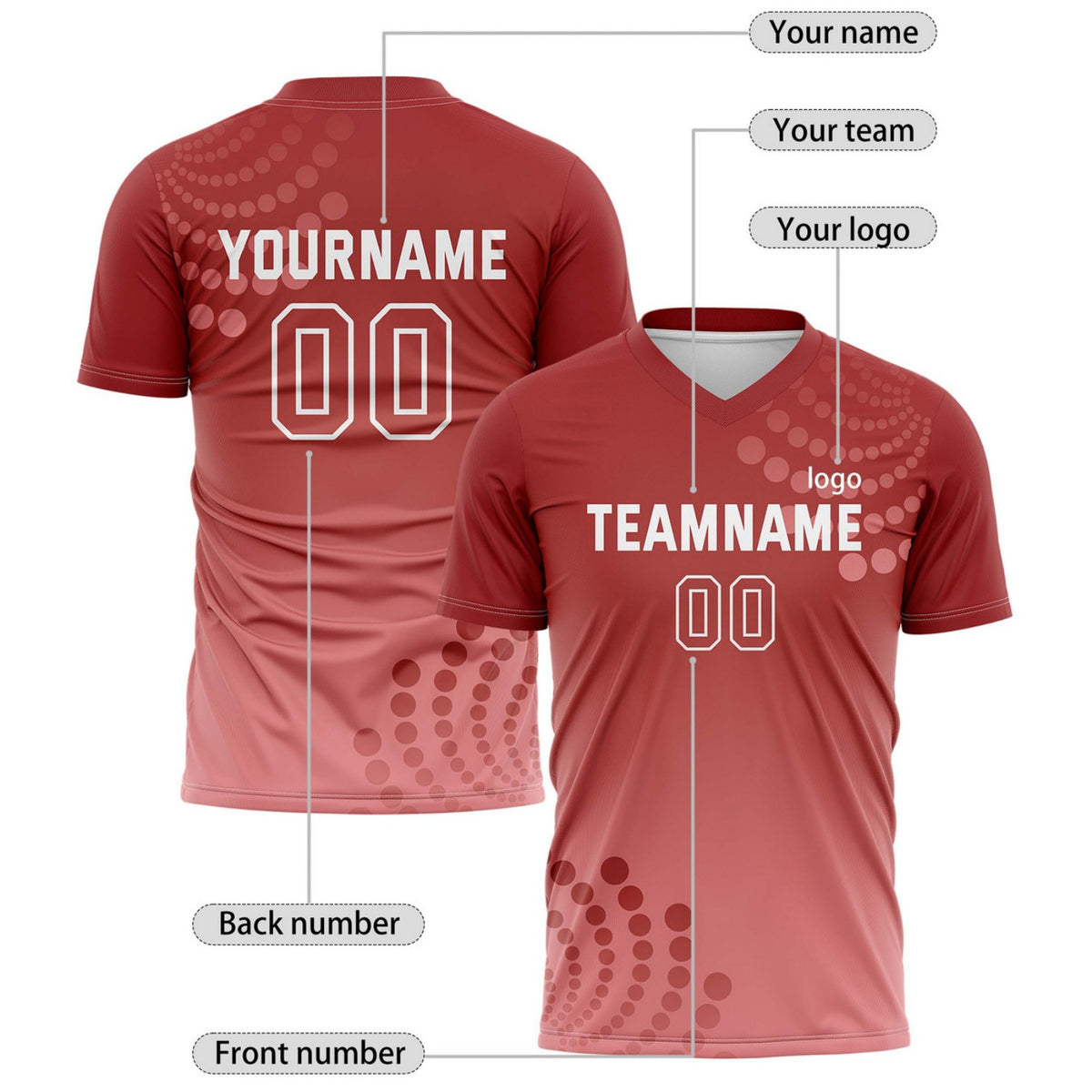 Custom Burgundy & Pink Dot Pattern Ombre Soccer Jersey for Teams & Individuals | Vosoli