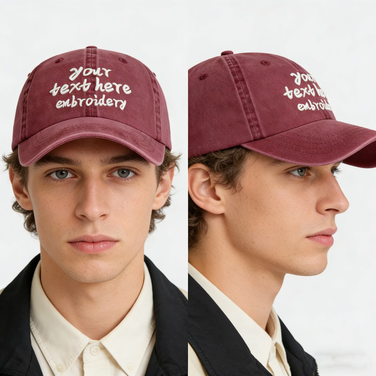 Vosoli Burgundy Washed Denim Unisex Baseball Cap - Team Custom Embroider or Print Personalized Hats