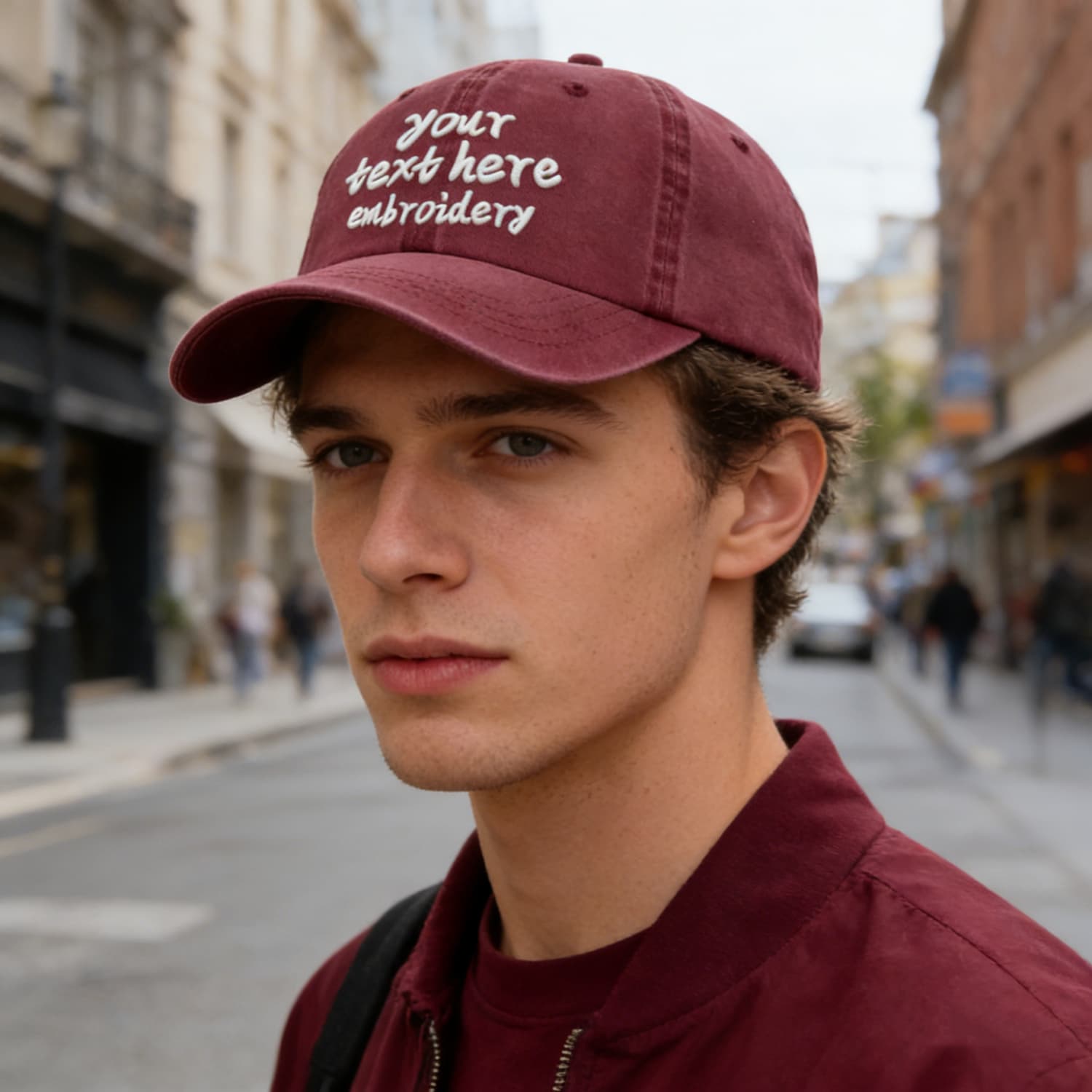 Vosoli Burgundy Washed Denim Unisex Baseball Cap - Team Custom Embroider or Print Personalized Hats