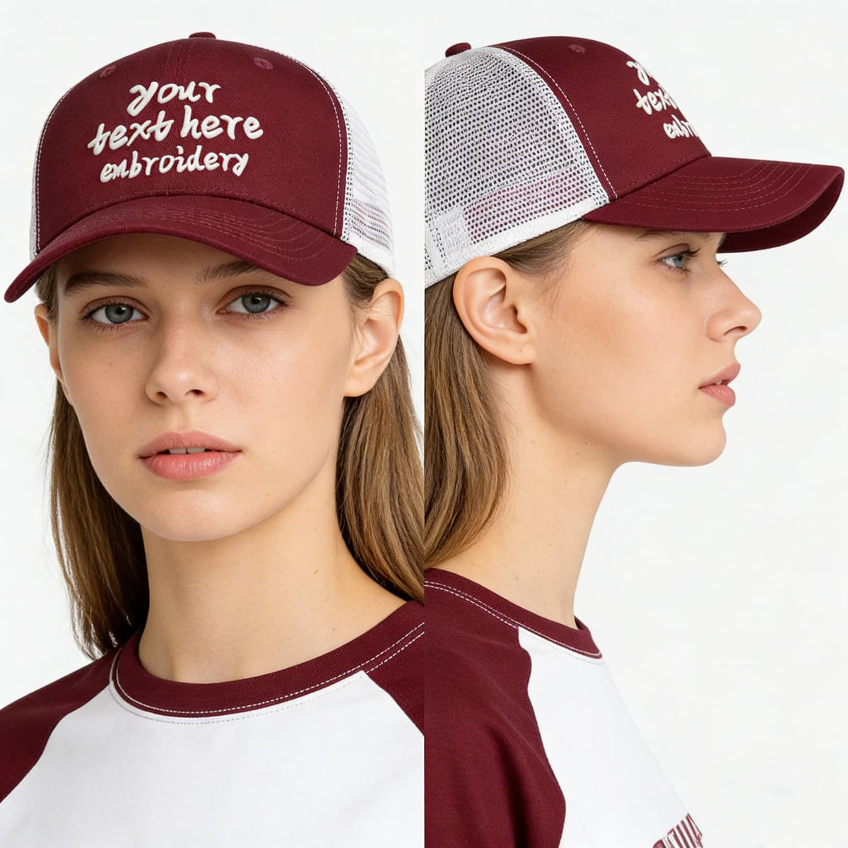 Vosoli Burgundy & White Mesh-Back Trucker Cap - Unisex Personal & Team Custom 3D Embroidery or Print Hats
