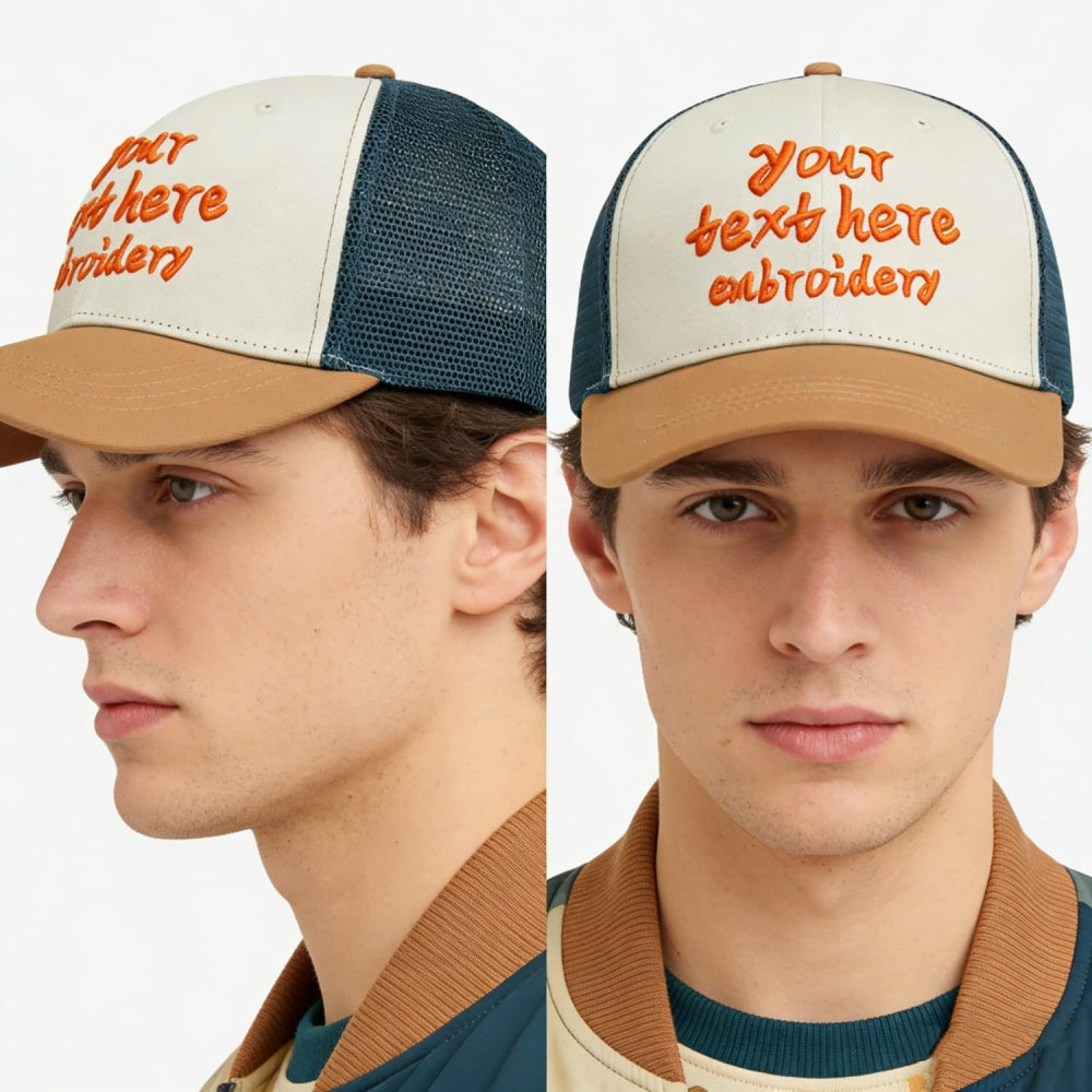 Vosoli Camel & Navy Mesh-Back Trucker Cap - Unisex Personal & Team Custom 3D Embroidery or Print Hat
