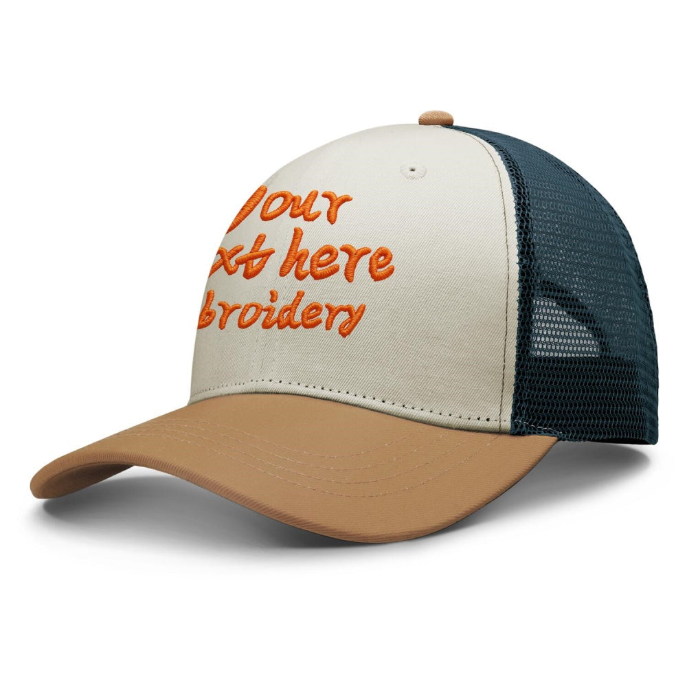 Vosoli Camel &amp; Navy Mesh-Back Trucker Cap - Unisex Personal &amp; Team Custom 3D Embroidery or Print Hat