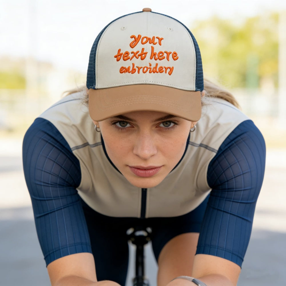 Vosoli Camel & Navy Mesh-Back Trucker Cap - Unisex Personal & Team Custom 3D Embroidery or Print Hat