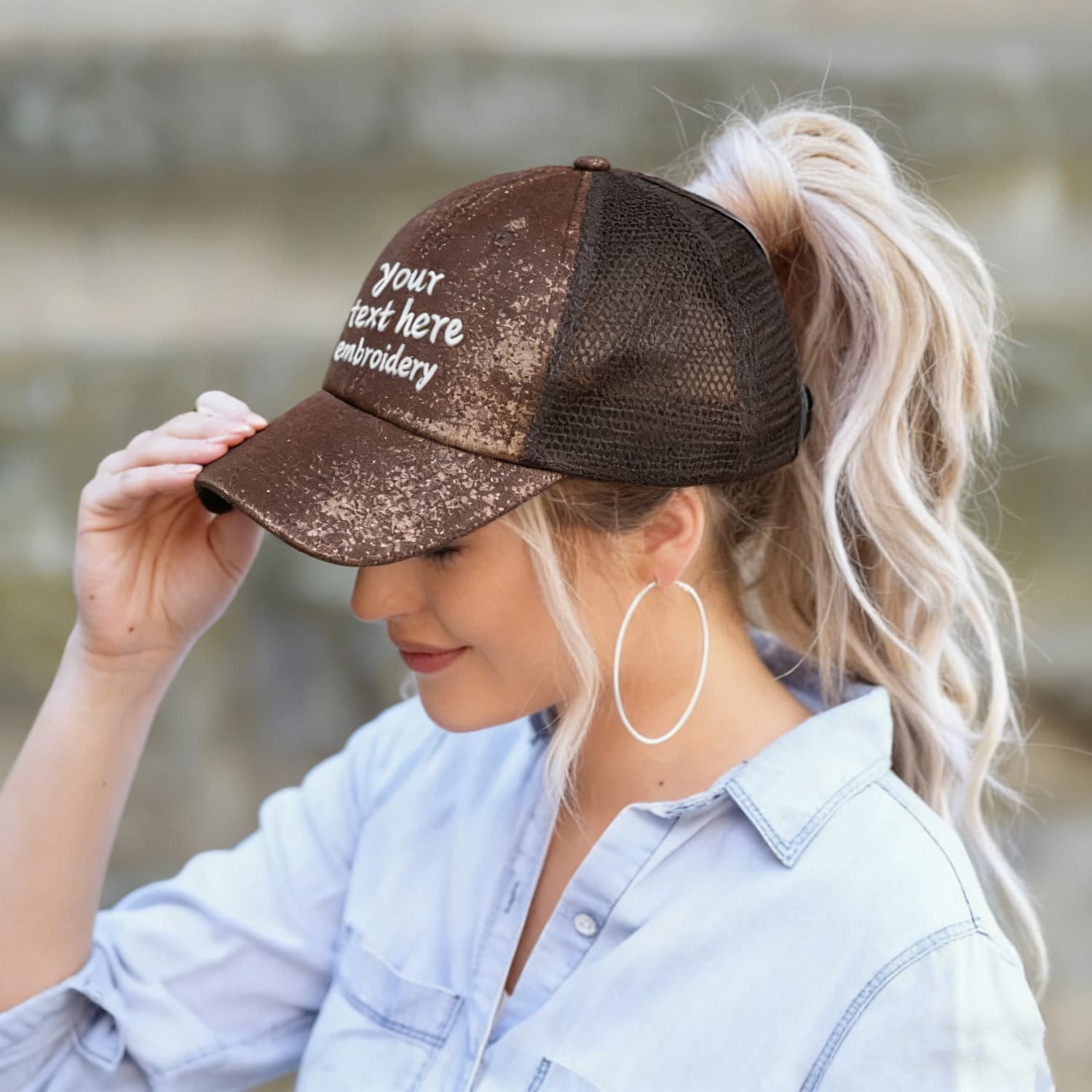 Vosoli Copper Glitter Mesh Women’s Ponytail Hat - Team Custom Embroider Personalized Cap