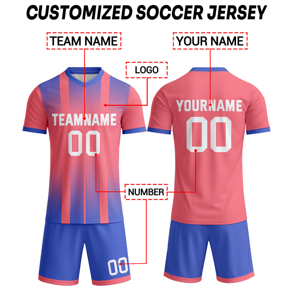 Custom Coral Pink & Royal Blue Ombre Stripe Soccer Uniform Set for Teams & Individuals | Vosoli