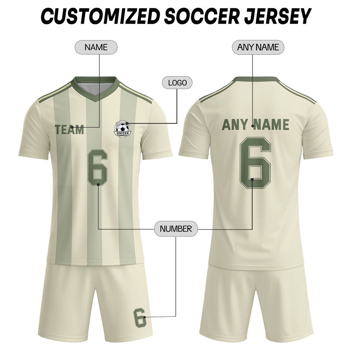 Custom Cream & Green Striped Soccer Uniform Set for Teams & Individuals | Vosoli