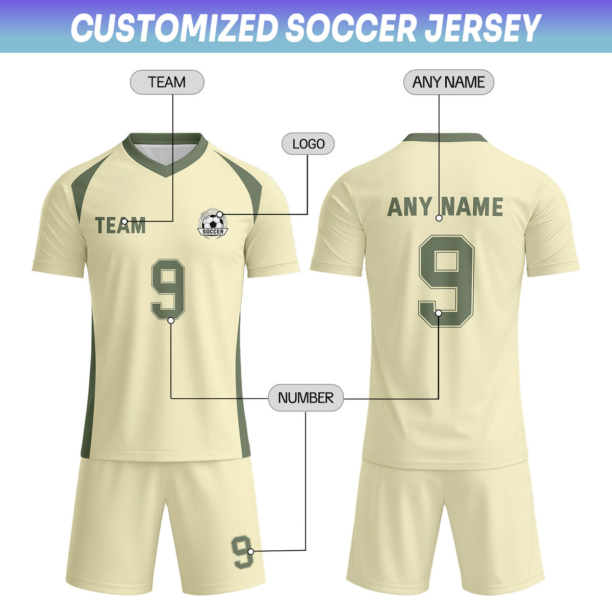 Custom Cream & Olive Soccer Uniform Set - Personalized Team Name & Number | Vosoli