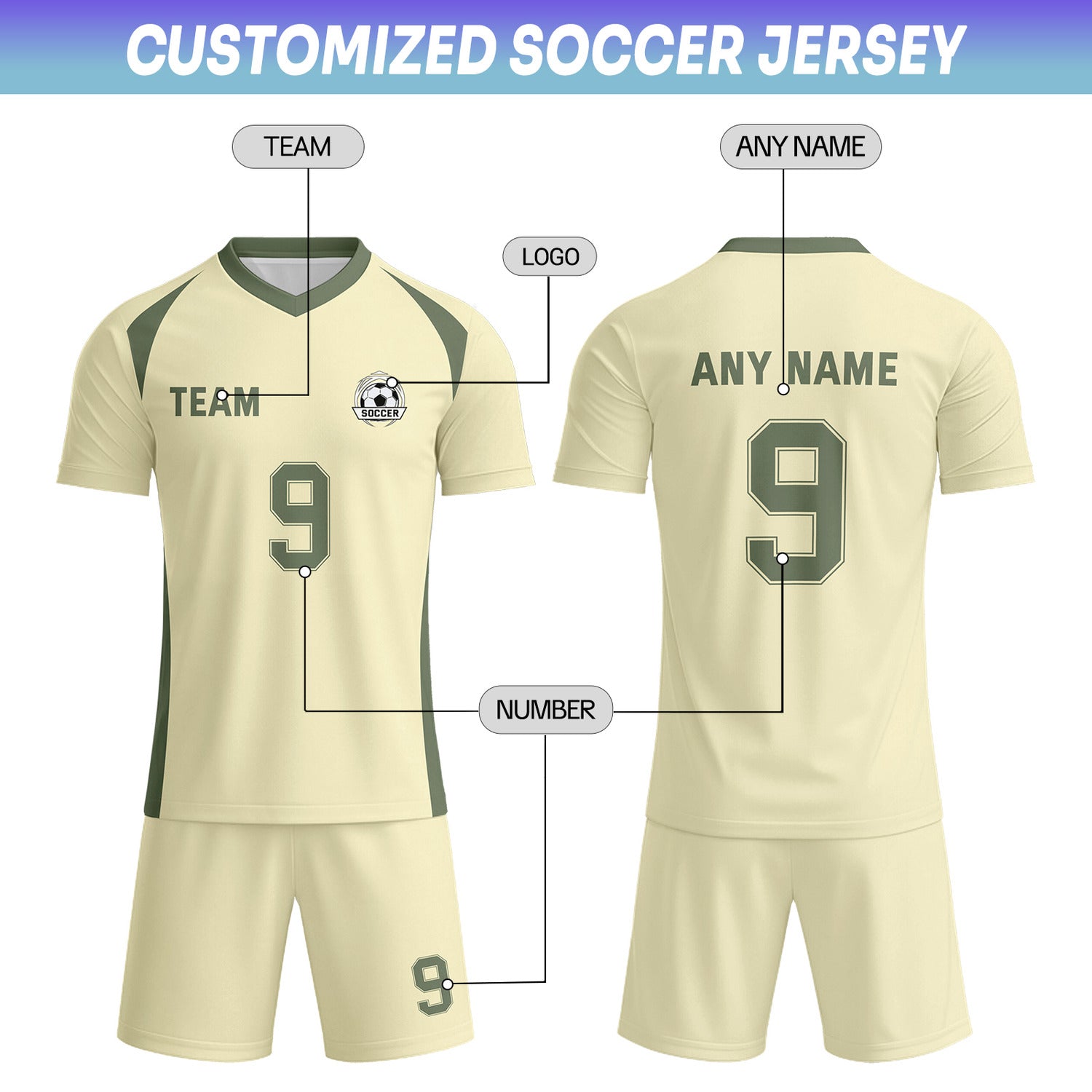 Custom Cream & Olive Soccer Uniform Set - Personalized Team Name & Number | Vosoli
