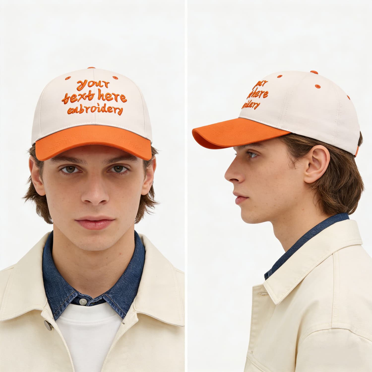 Vosoli Cream & Orange Color-Block Deep Bill Baseball Cap - Unisex Custom 3D Embroidery or Print Hat