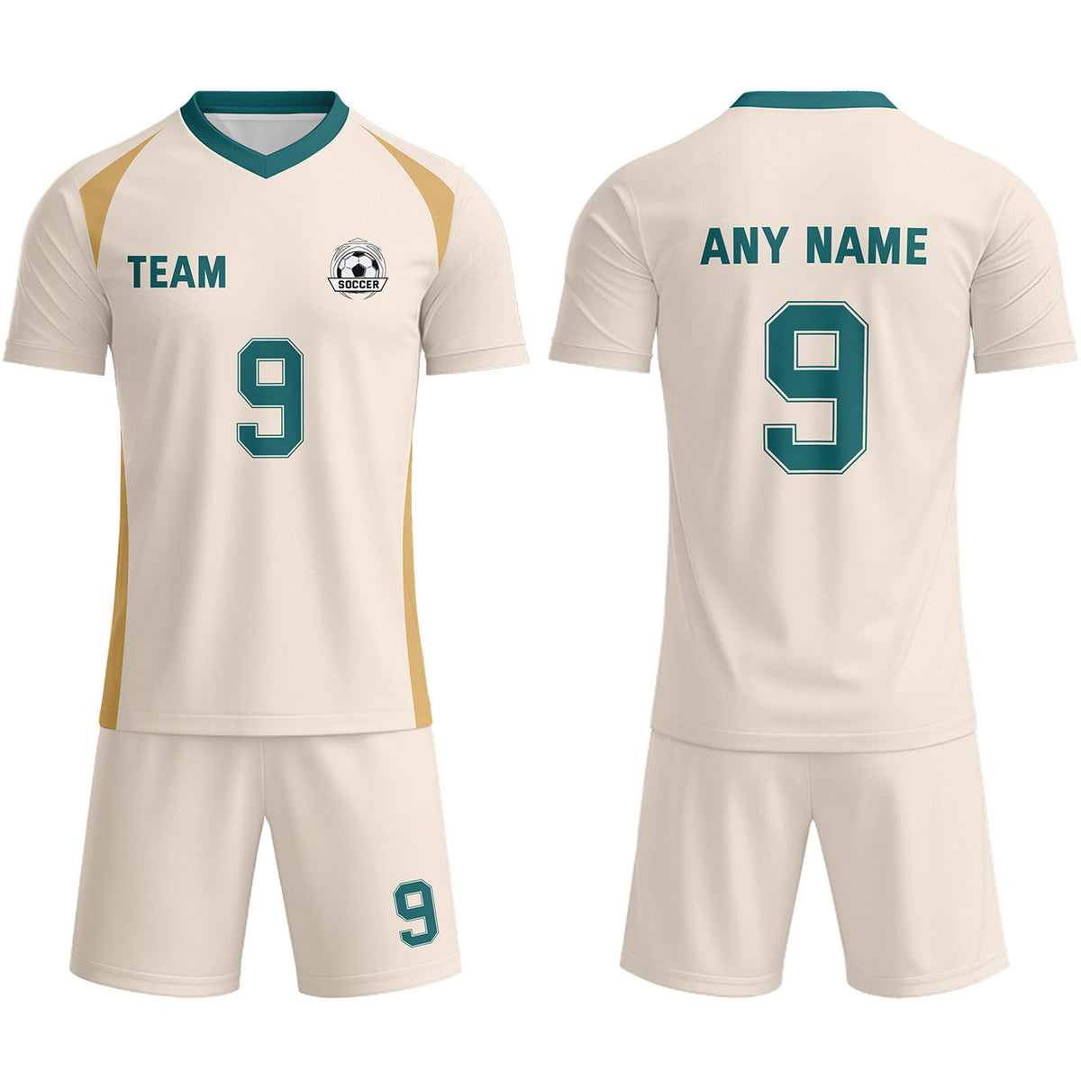Custom Cream &amp; Teal-Gold Soccer Uniform Set - Personalized Team Name &amp; Number | Vosoli