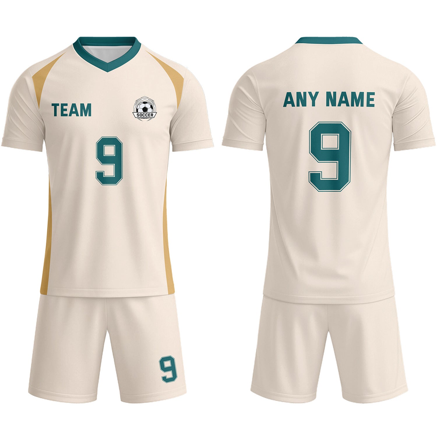 Custom Cream & Teal-Gold Soccer Uniform Set - Personalized Team Name & Number | Vosoli