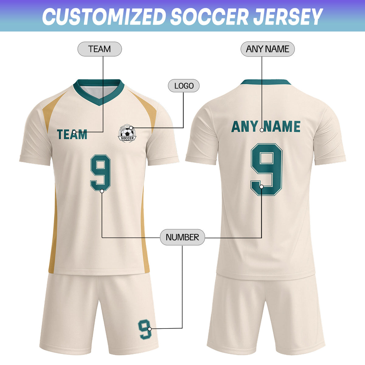 Custom Cream & Teal-Gold Soccer Uniform Set - Personalized Team Name & Number | Vosoli