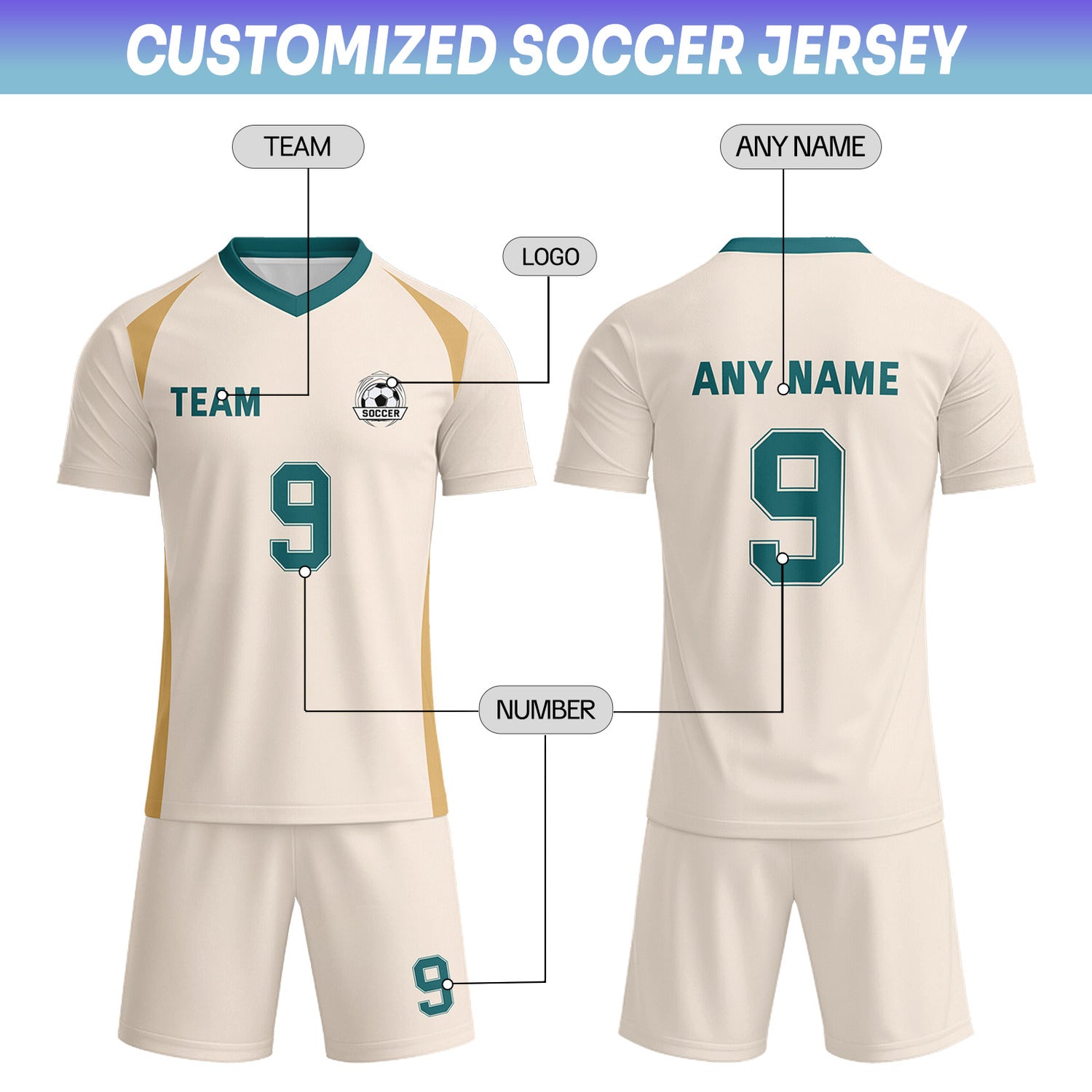 Custom Cream & Teal-Gold Soccer Uniform Set - Personalized Team Name & Number | Vosoli