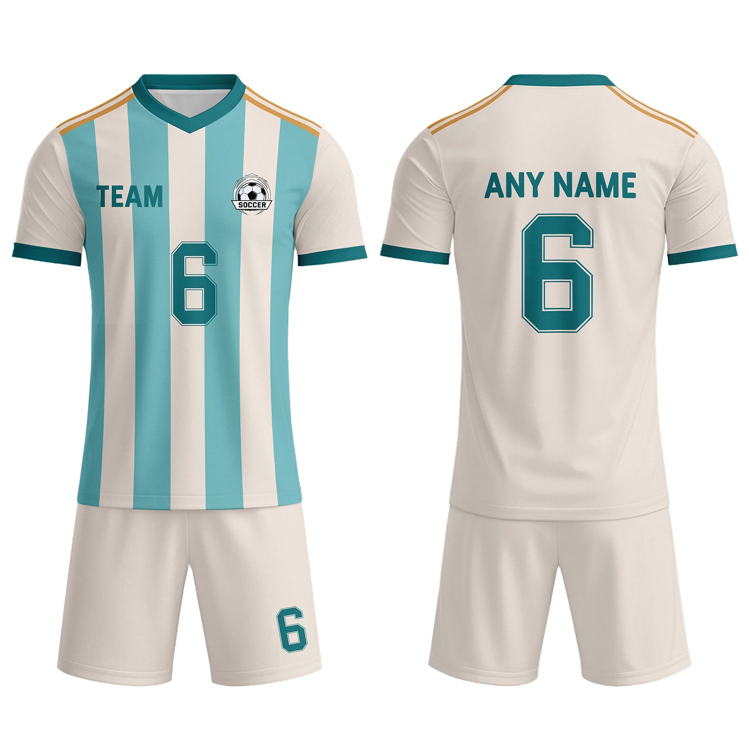 Custom Cream & Teal-Gold Striped Soccer Uniform Set for Teams & Individuals | Vosoli