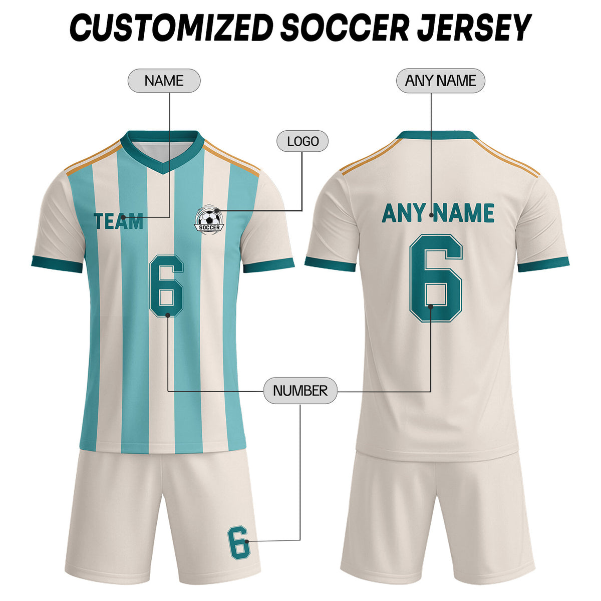 Custom Cream & Teal-Gold Striped Soccer Uniform Set for Teams & Individuals | Vosoli