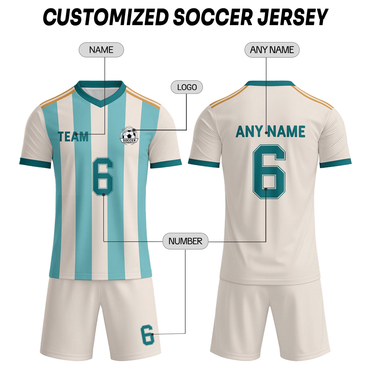 Custom Cream & Teal-Gold Striped Soccer Uniform Set for Teams & Individuals | Vosoli