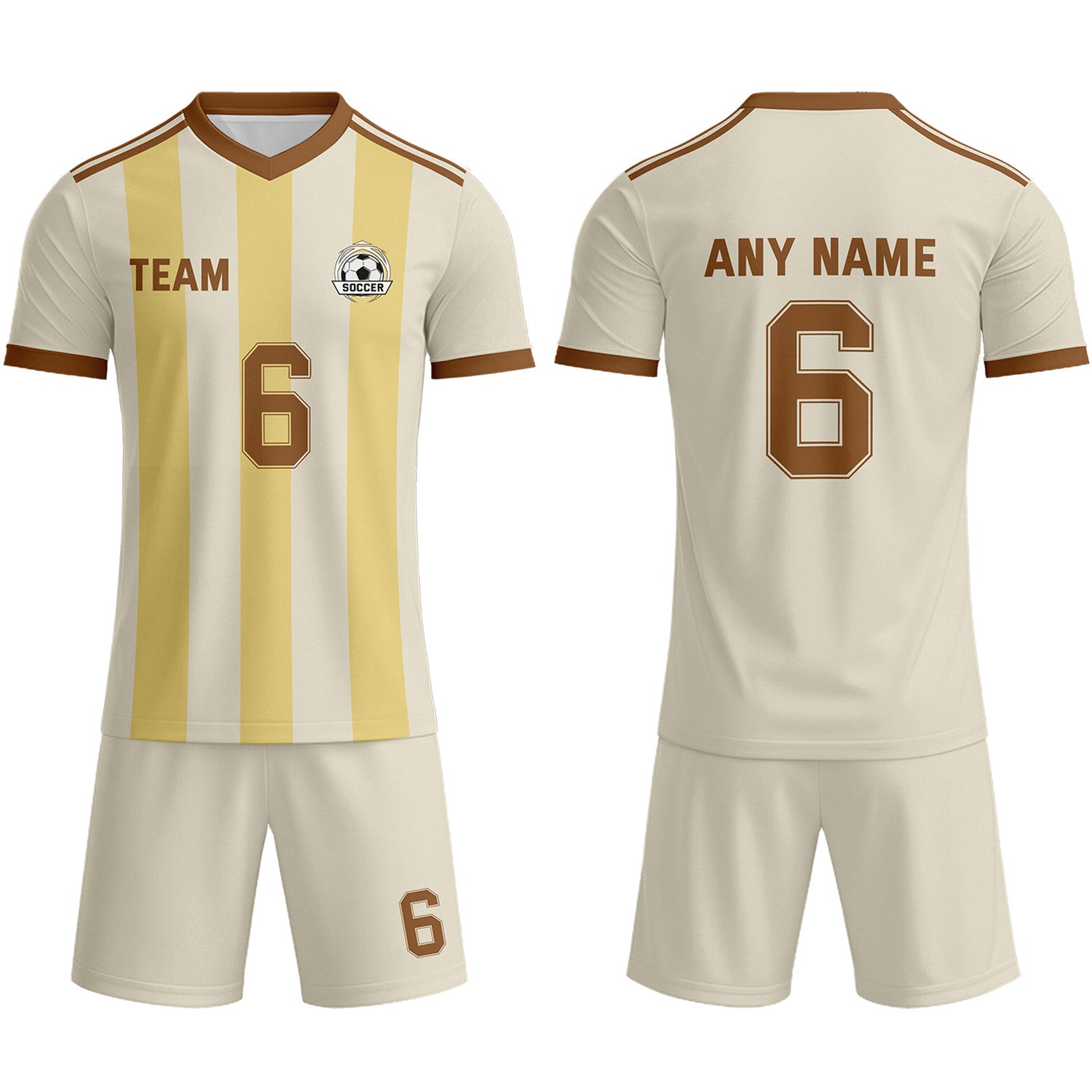 Custom Cream & Yellow-Brown Striped Soccer Uniform Set for Teams & Individuals | Vosoli