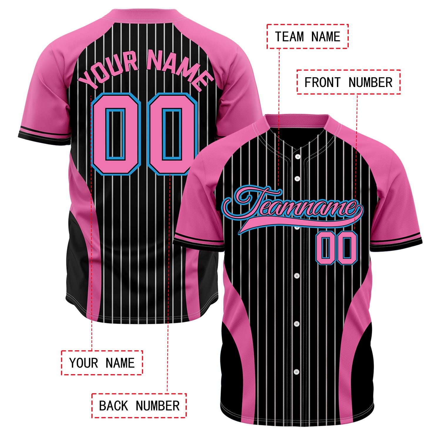 Custom Black & Pink Pinstripe Baseball Jersey | Personalized Striped Full Button Team Uniform - VOSOLI