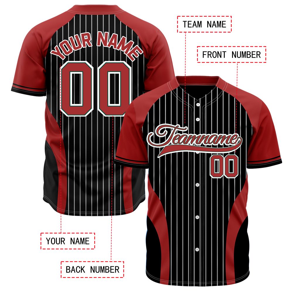 Custom Black & Red Pinstripe Baseball Jersey | Personalized Striped Full Button Team Uniform - VOSOLI
