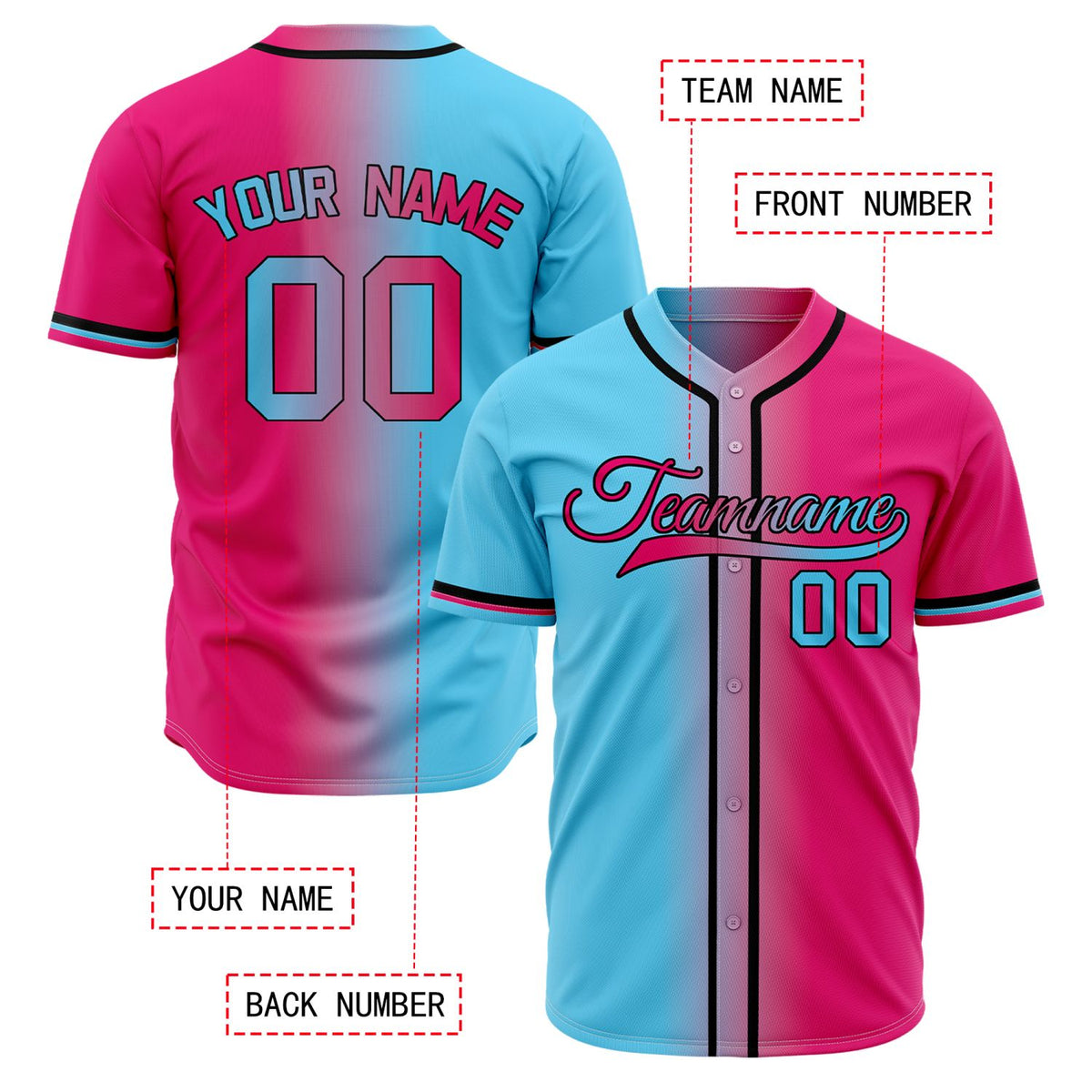 Custom Cyan and Pink Gradient Baseball Jersey | Vibrant Split Fade Design