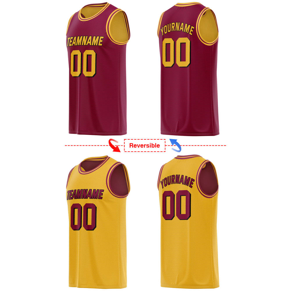 Custom Maroon & Gold Athletic Mesh Basketball Jersey | Personalized Team V-Neck Sleeveless Kit - VOSOLI