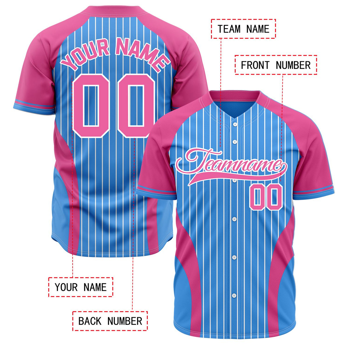 Custom Pink & Light Blue Pinstripe Baseball Jersey | Personalized Striped Full Button Team Uniform - VOSOLI