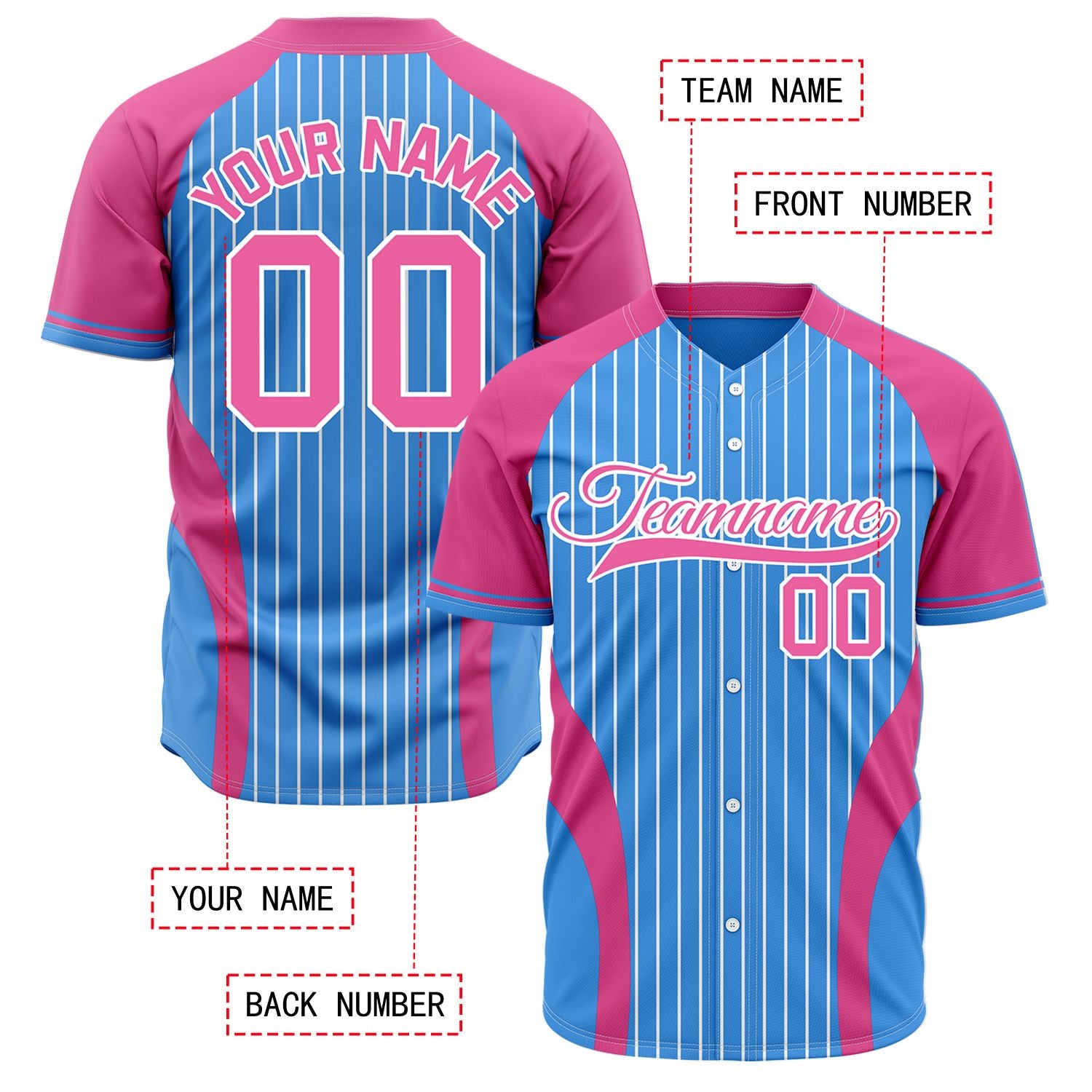 Custom Pink & Light Blue Pinstripe Baseball Jersey | Personalized Striped Full Button Team Uniform - VOSOLI