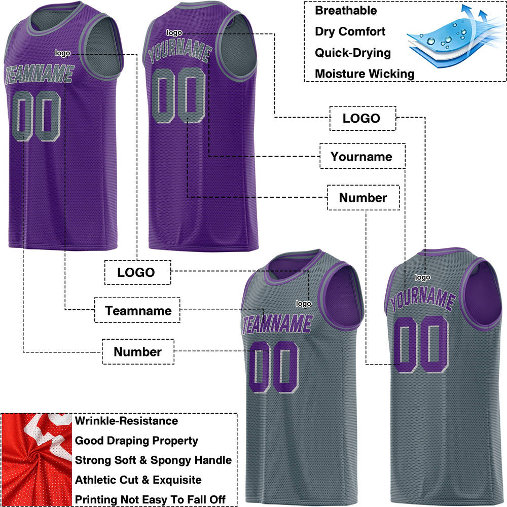 Custom Purple & Grey Reversible Basketball Jersey | Personalized Double-Sided Mesh Team Uniform - VOSOLI