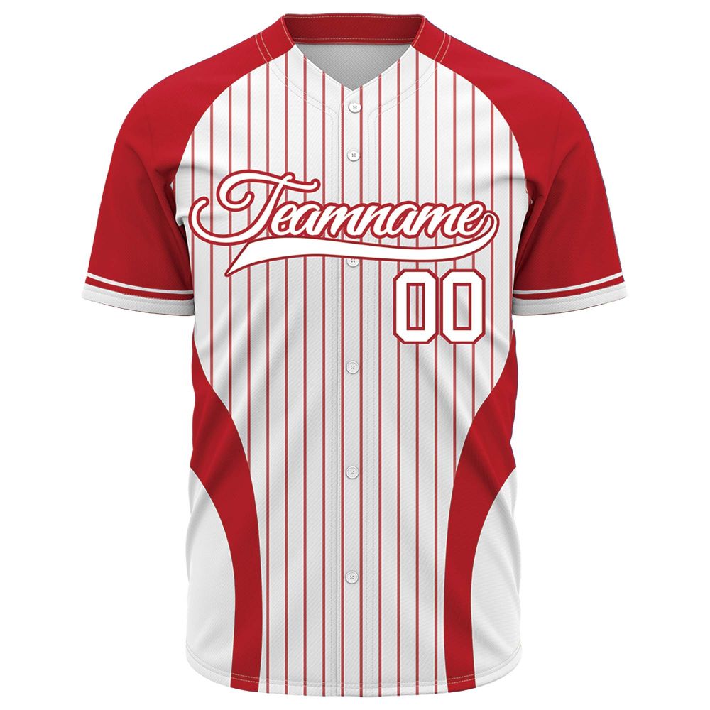 Custom Red &amp; White Pinstripe Baseball Jersey | Personalized Striped Full Button Team Uniform - VOSOLI
